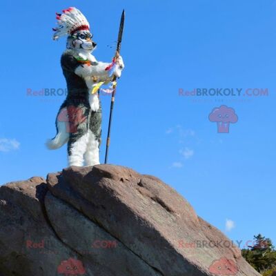 Gray and white wolf dog REDBROKOLY mascot with an Indian headdress