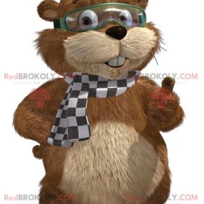 Brown and beige marmot REDBROKOLY mascot with a mask