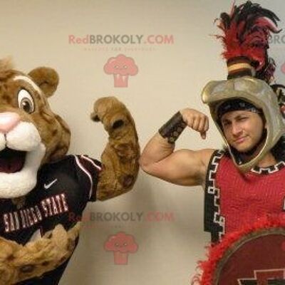 Brown and white tiger REDBROKOLY mascot in sportswear