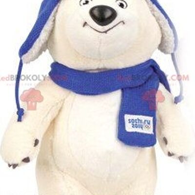 Polar bear REDBROKOLY mascot with a scarf and a hat
