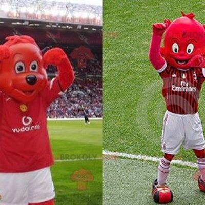 2 REDBROKOLY mascots: a red bear and a red imp
