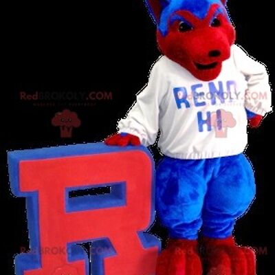 Blue and red wolf dog REDBROKOLY mascot