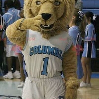 Brown lion REDBROKOLY mascot in sportswear