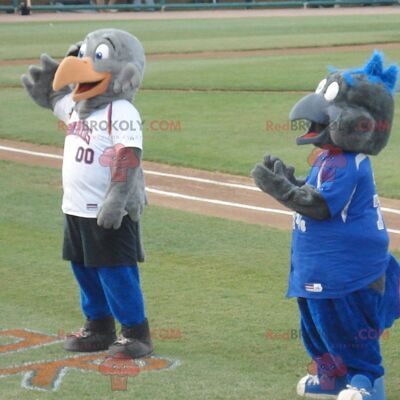 2 gray bird eagles REDBROKOLY mascots in sportswear