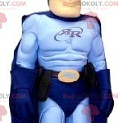 Superhero REDBROKOLY mascot in blue outfit