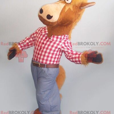 Brown horse REDBROKOLY mascot with a plaid shirt and jeans