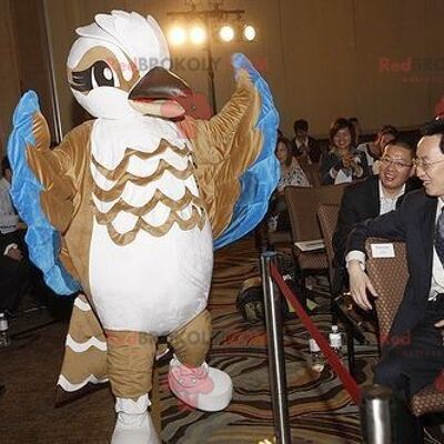 Brown white and blue bird REDBROKOLY mascot