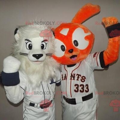 2 REDBROKOLY mascots: a white lion and an orange rabbit