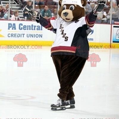 Brown bear REDBROKOLY mascot in hockey gear