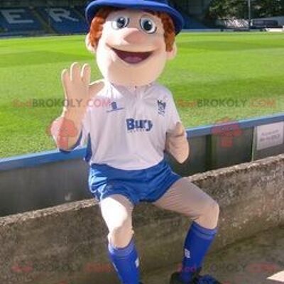 Policeman boy REDBROKOLY mascot in blue and white outfit
