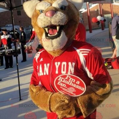 Brown and white tiger REDBROKOLY mascot in red sportswear