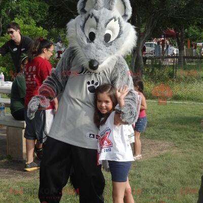 Gray and white wolf REDBROKOLY mascot in sportswear