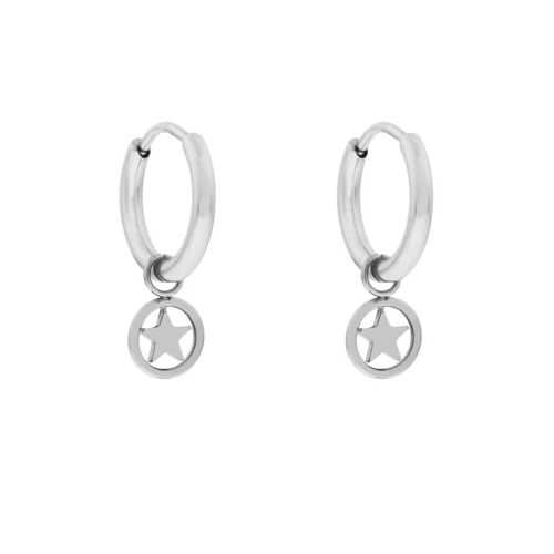 Earrings minimalistic round with star - silver