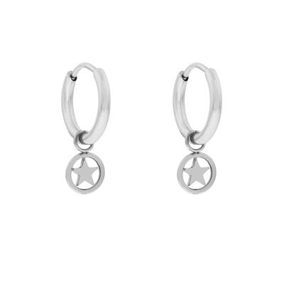 Earrings minimalistic round with star - silver