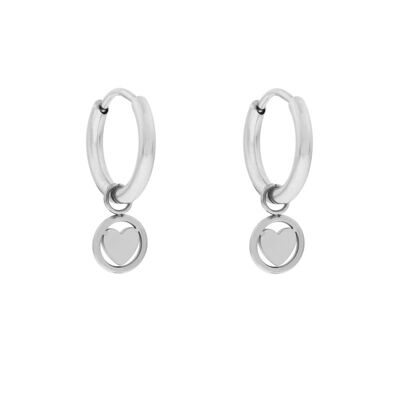 Earrings minimalistic round with heart - silver