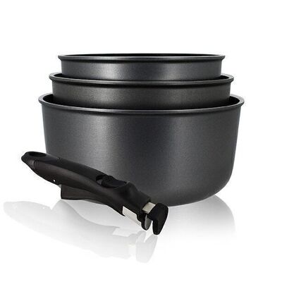 Set of 4 aluminum induction saucepans with removable handle