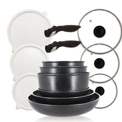 Set of 14 pieces aluminum induction pans, saucepans and lids with removable handle