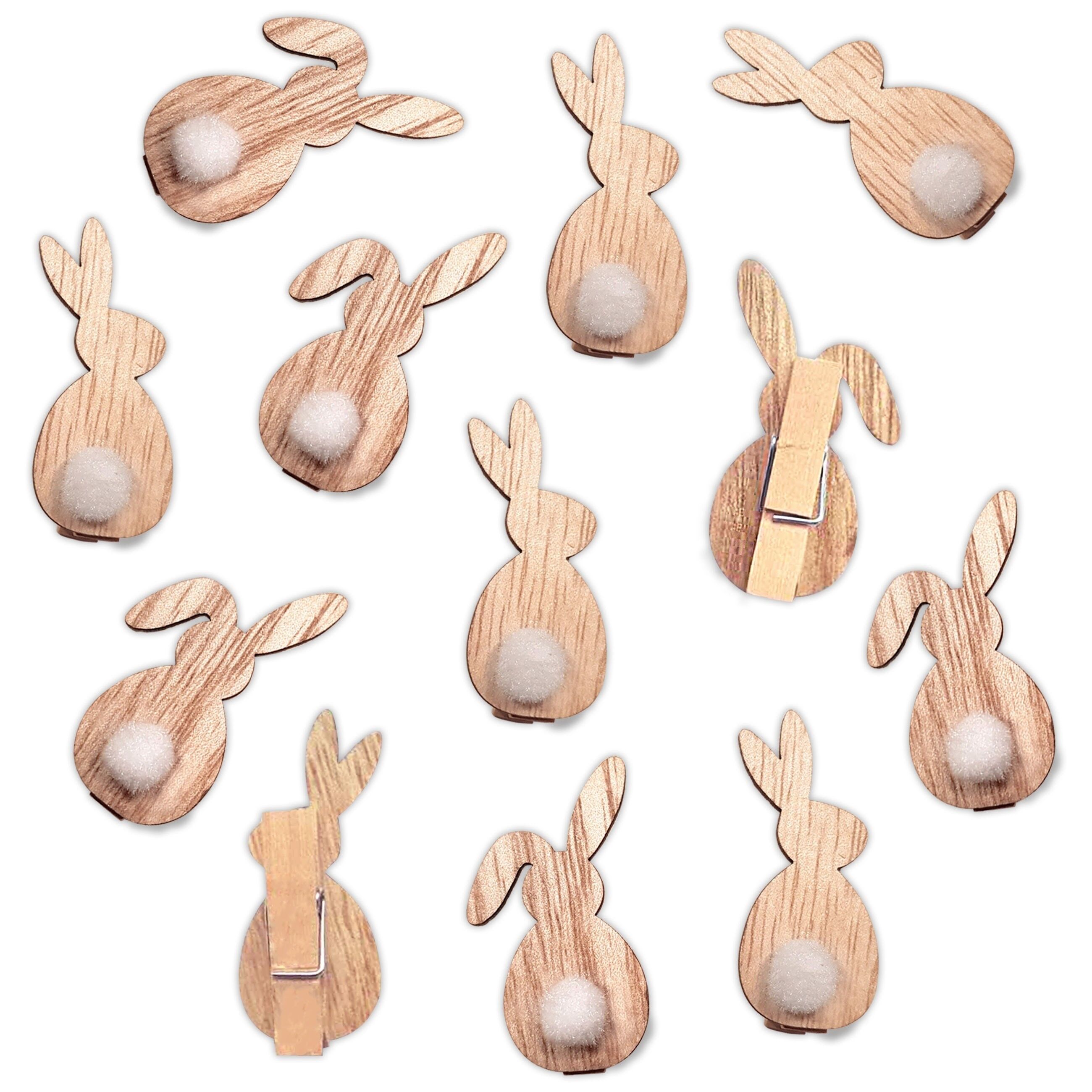 12 wooden clips with rabbit motif and pompom for Easter - for decorating Easter baskets, gifts, cards and more - for children and adults - reusable Easter decoration