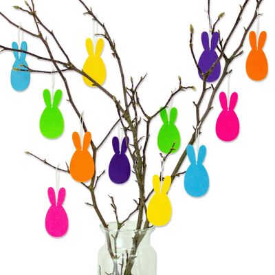 12 conejitos de fieltro de colores | Decoración de Pascua | para colgar y regalar | para niños y adultos | alta calidad | 10x5cm