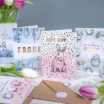 Cartes de Pâques | 6 cartes de vœux printanières sous forme de carte pliante avec enveloppe pour Pâques - Salutations à la famille - Design élégant pour Pâques - Motif noir et blanc - Set 3 3