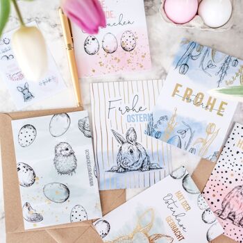Cartes de Pâques | 6 cartes de vœux printanières sous forme de carte pliante avec enveloppe pour Pâques - Salutations à la famille - Design élégant pour Pâques - Motif noir et blanc - Set 3 4