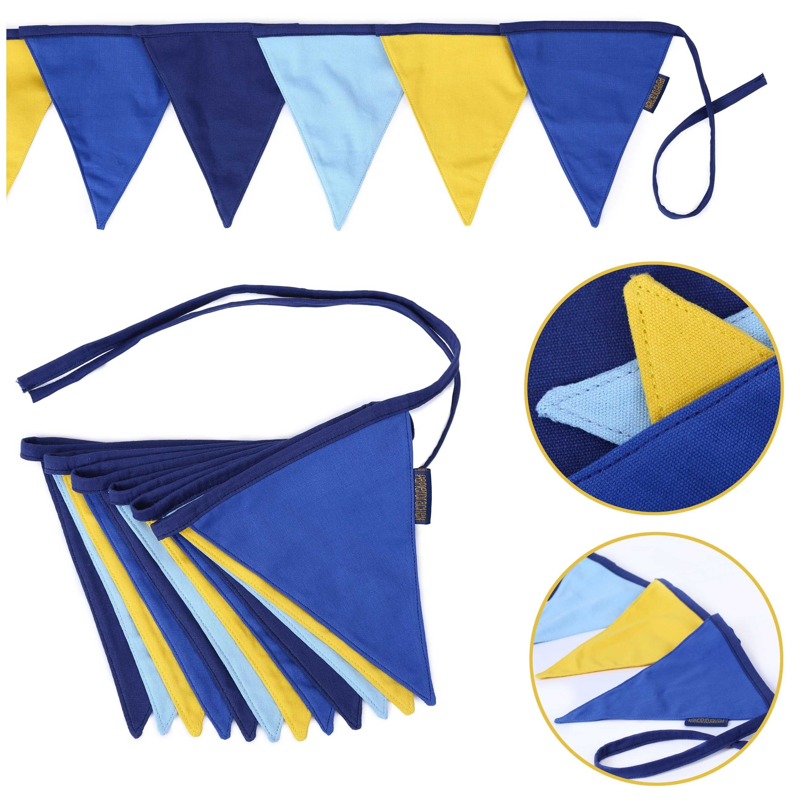 Gagliardetto come decorazione per la cameretta dei bambini | Gagliardetto 3m ciascuno 16x18cm 12 pezzi | Blu Giallo | Set di decorazioni di compleanno per bambini con ghirlanda di bandiere 4