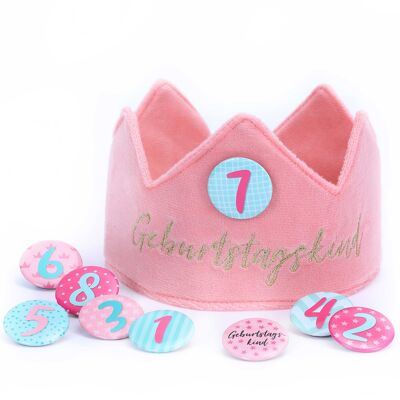 Corona di compleanno in velluto di carta drago con numeri - rosa - per feste di compleanno di bambini - corona in tessuto di velluto con numeri di bottoni da 1-8 | Cappello decorativo per feste per ragazzi e ragazze - set 1