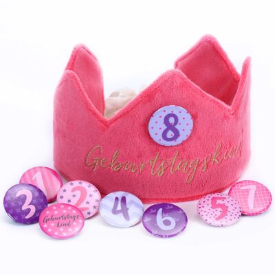 Corona di compleanno in velluto di carta drago con numeri - rosa - per feste di compleanno di bambini - corona in tessuto di velluto con numeri di bottoni da 1-8 | Cappello decorativo per feste per ragazzi e ragazze - set di 2