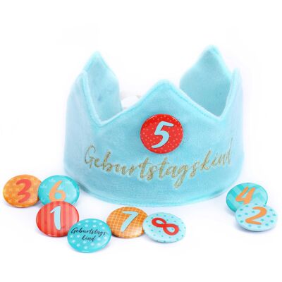 Paper kite birthday crown velvet with numbers - turquoise - for children's birthday parties - crown made of velvet fabric with button numbers from 1-8 | Party decoration hat for boys & girls - set of 3