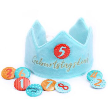 Couronne d'anniversaire de dragon en papier velours avec chiffres - turquoise - pour les anniversaires d'enfants - couronne en tissu de velours avec numéros de boutons de 1 à 8 | Chapeau de décoration de fête pour garçons et filles - lot de 3 1