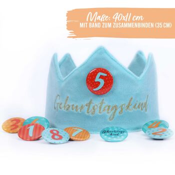 Couronne d'anniversaire de dragon en papier velours avec chiffres - turquoise - pour les anniversaires d'enfants - couronne en tissu de velours avec numéros de boutons de 1 à 8 | Chapeau de décoration de fête pour garçons et filles - lot de 3 4