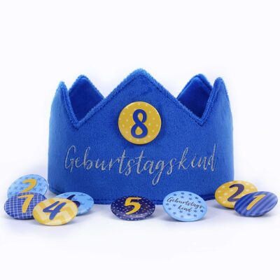 Paper kite birthday crown velvet with numbers - blue - for children's birthday parties - crown made of velvet fabric with button numbers from 1-8 | Party decoration hat for boys & girls - set of 4