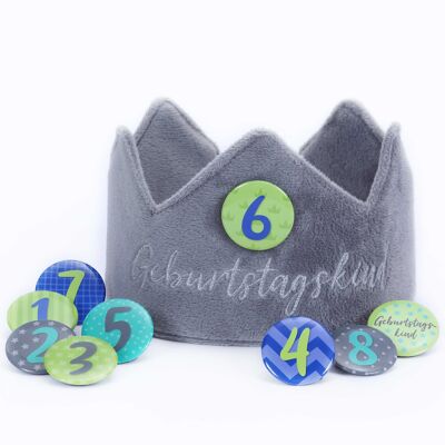 Paper kite birthday crown velvet with numbers - gray - for children's birthday parties - crown made of velvet fabric with button numbers from 1-8 | Party decoration hat for boys & girls - set of 5