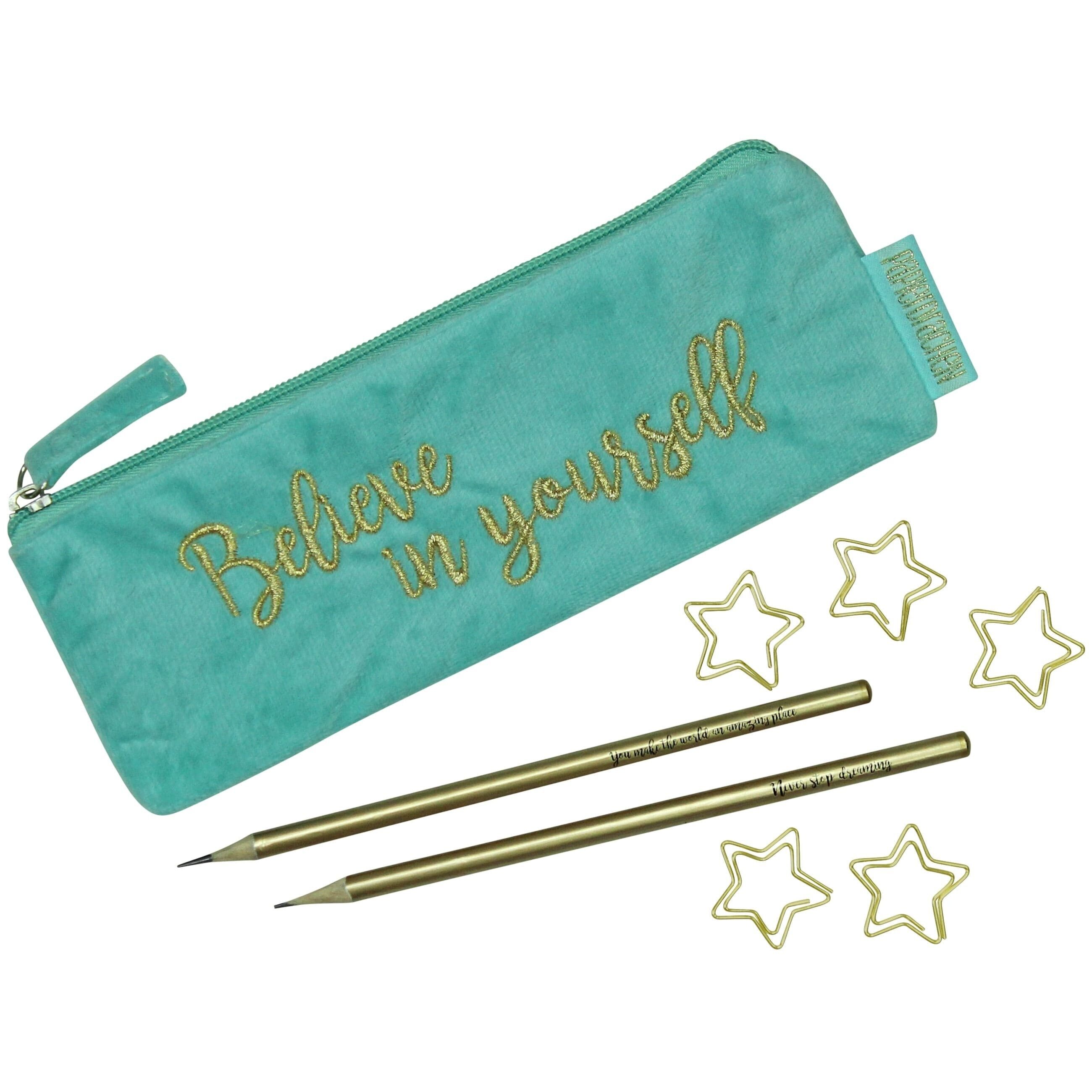 Mäppchen aus Samt - Elegantes Federmäppchen in türkis mit motivierendem Spruch, 2 Bleistifen und 5 goldenen Paper Clips | ideal als Geschenk für Uni und Schule | Set Nr 1