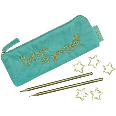 Pencil case made of velvet - Elegant pencil case in turquoise with a motivating slogan, 2 pencils and 5 golden paper clips | ideal as a gift for university and school | Kit #1