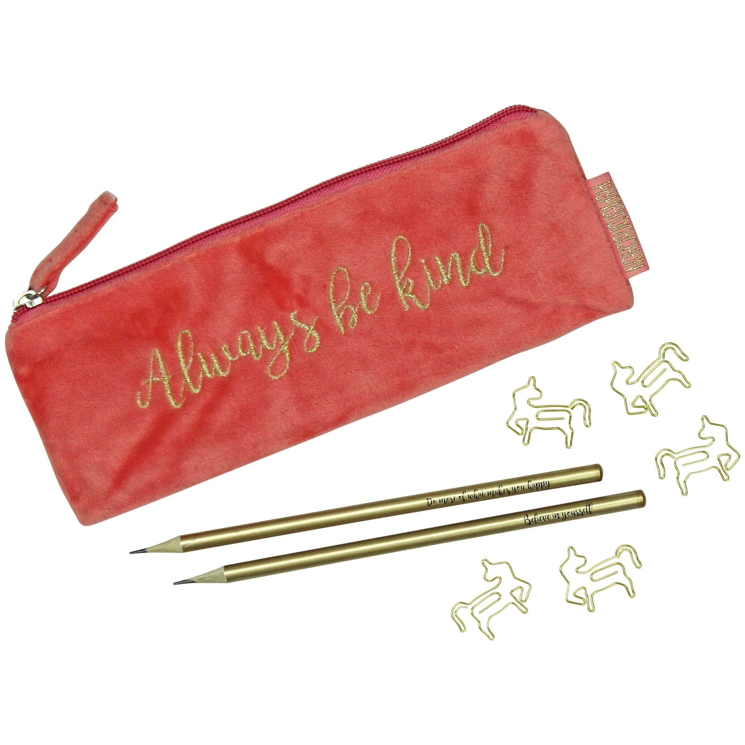 Mäppchen aus Samt - Elegantes Federmäppchen in koralle mit motivierendem Spruch, 2 Bleistifen und 5 goldenen Paper Clips | ideal als Geschenk für Uni und Schule | Set Nr 2