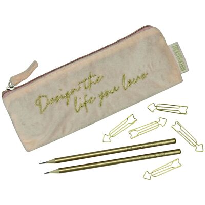 Pencil case made of velvet - Elegant pencil case in powder with a motivating slogan, 2 pencils and 5 golden paper clips | ideal as a gift for university and school | Kit #3