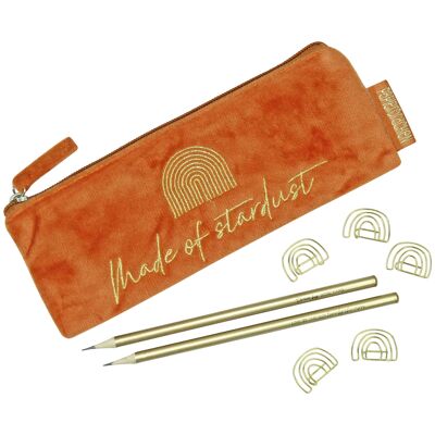Pencil case made of velvet - elegant pencil case in rust with a motivating slogan, 2 pencils and 5 golden paper clips | ideal as a gift for university and school | Set #4
