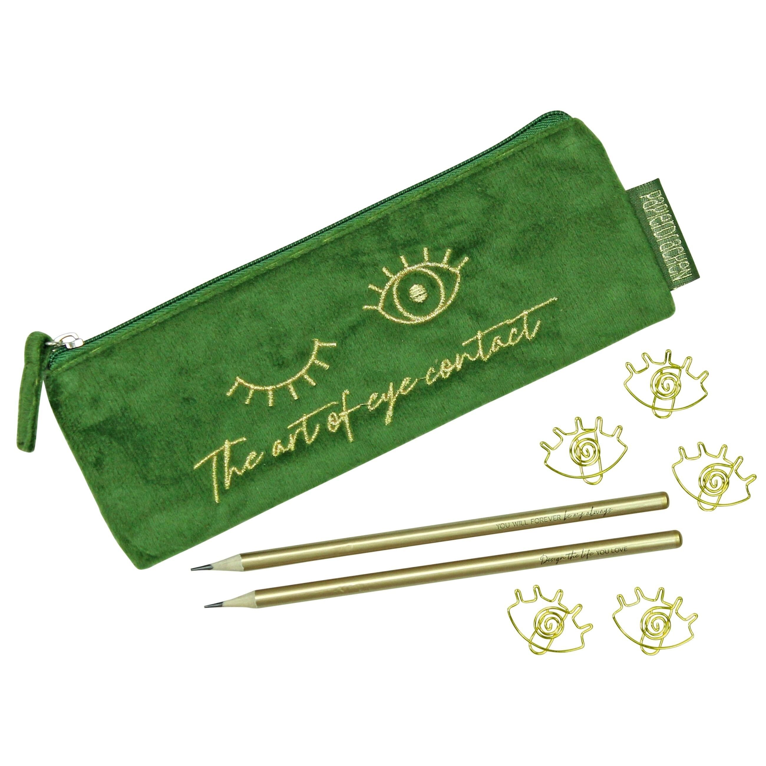 Mäppchen aus Samt - Elegantes Federmäppchen in dunkelgrün mit motivierendem Spruch, 2 Bleistifen und 5 goldenen Paper Clips | ideal als Geschenk für Uni und Schule | Set Nr 5