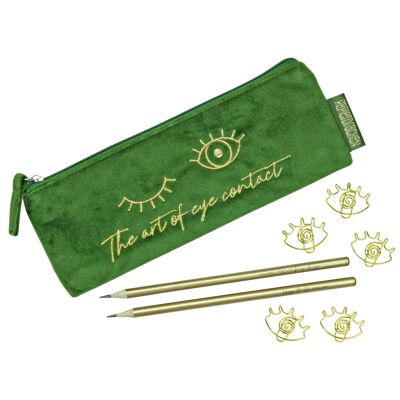 Pencil case made of velvet - Elegant pencil case in dark green with a motivating slogan, 2 pencils and 5 golden paper clips | ideal as a gift for university and school | Kit #5