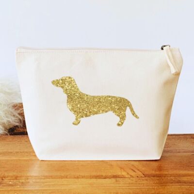 Natural Organic Canvas Dachshund Makeup Bag - Gold