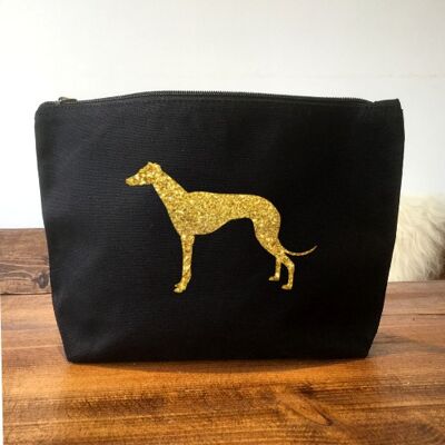 Black Organic Canvas Greyhound Makeup Bag - Gold