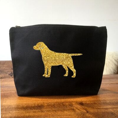 Black Organic Canvas Labrador Makeup Bag - Gold