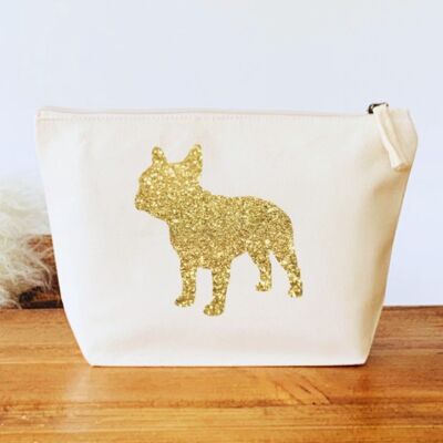 Natural Organic Canvas French Bulldog Makeup Bag - Gold