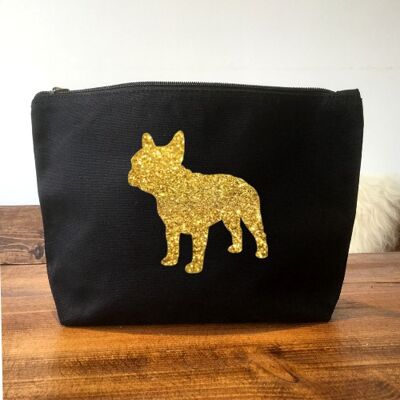 Black Organic Canvas French Bulldog Makeup Bag - Gold