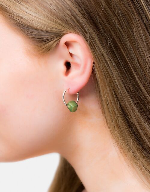Cubo Maxi Silver Hoop Earrings - Green