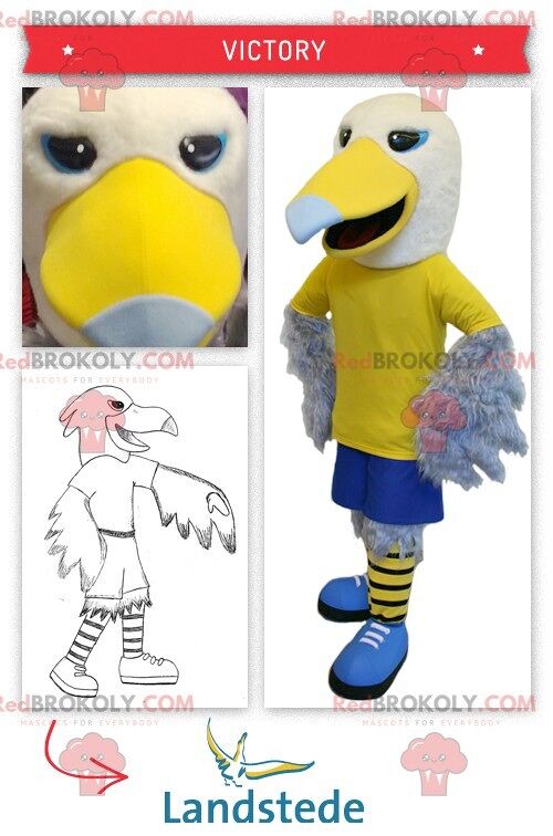 Yellow and white eagle REDBROKOLY mascot in sporty clothes , REDBROKO__017