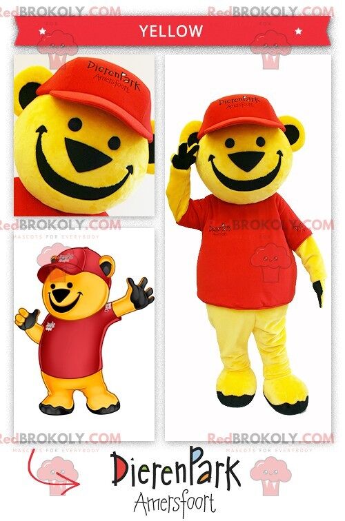 Big yellow bear REDBROKOLY mascot dressed in red , REDBROKO__020