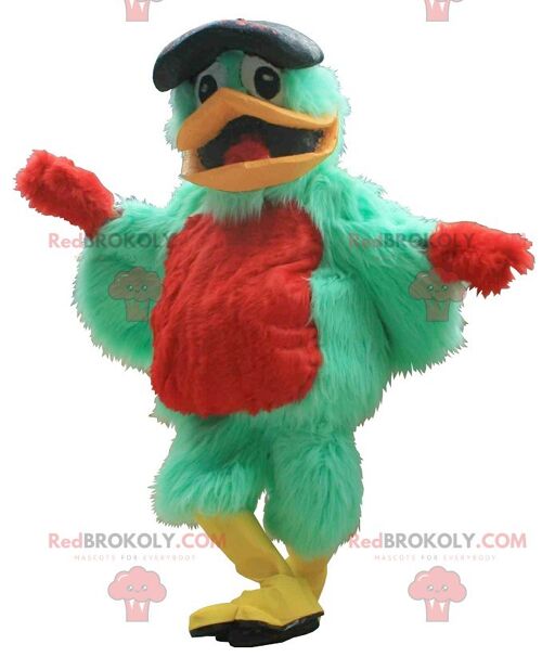 Green and red bird REDBROKOLY mascot with a beret , REDBROKO__059