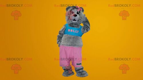 Gray teddy bear REDBROKOLY mascot dressed in pink and blue , REDBROKO__062